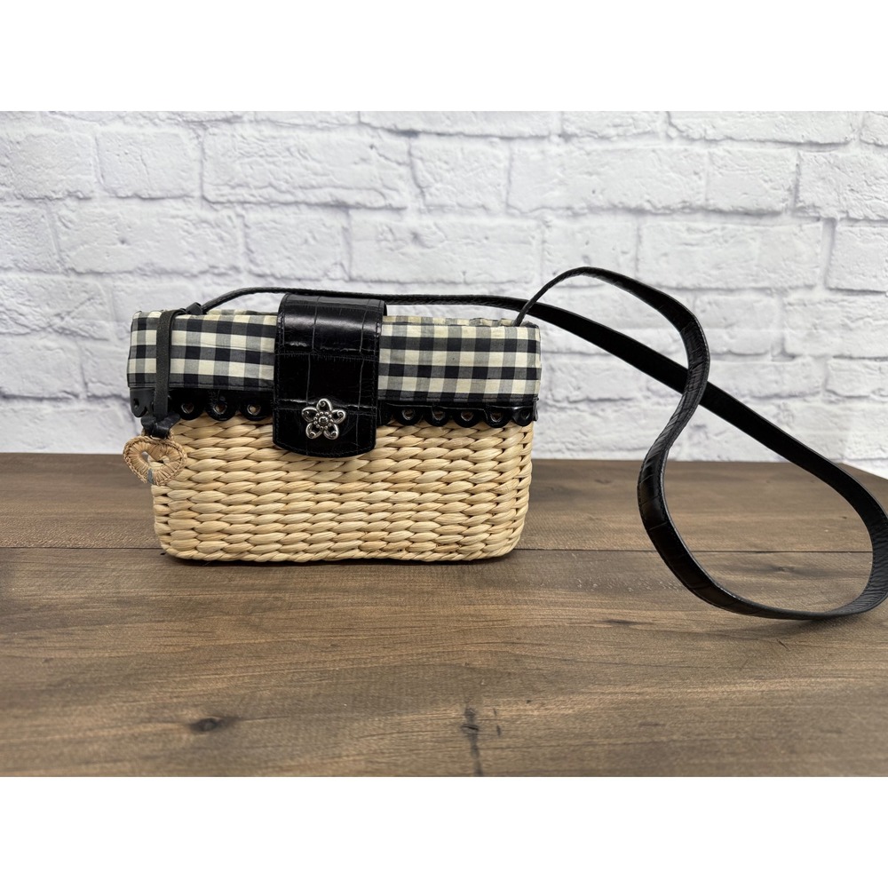 Brighton Woven Straw Gingham Crossbody Bag Black Leather Trim Cottagecore Picnic